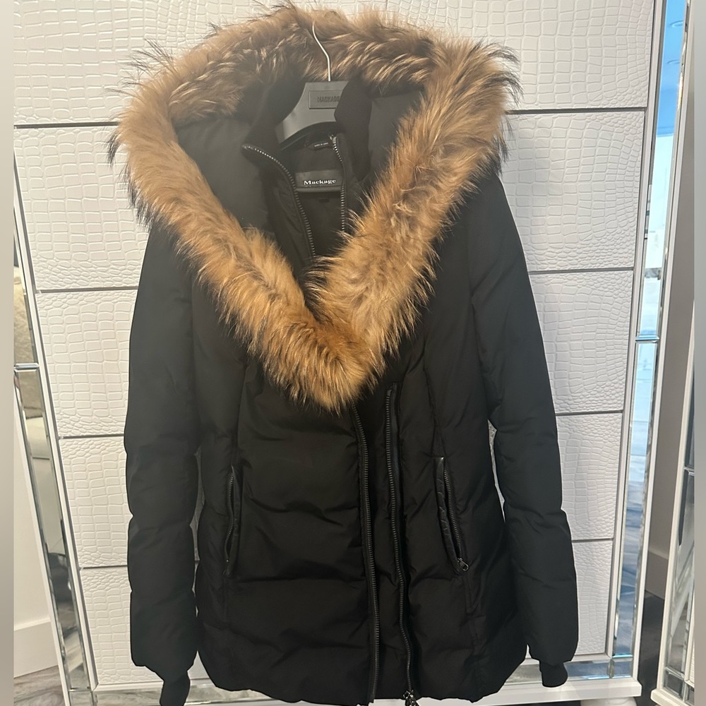 Mackage Ingrid Black Lambskin Leather Down
Parka with Fur Trim Hood. Like new